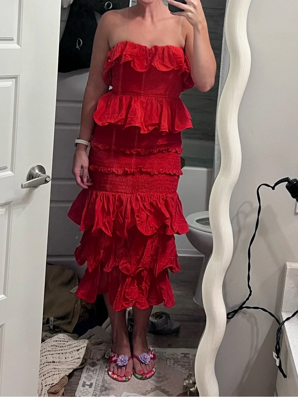 Red Strapless Ruffled Midi Dress - Picture 4 of 4